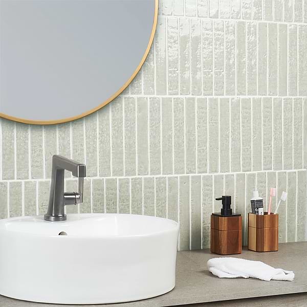 Sample-Artist Chameleon Sage Gray 1.5x9 Glossy Ceramic Tile; in Gray White Body Ceramic; for Backsplash, Bathroom Wall, Kitchen Wall, Shower Wall, Wall Tile; in Style Ideas Beach, Cottage, Craftsman, Mediterranean, Mid Century, Traditional, Transitional