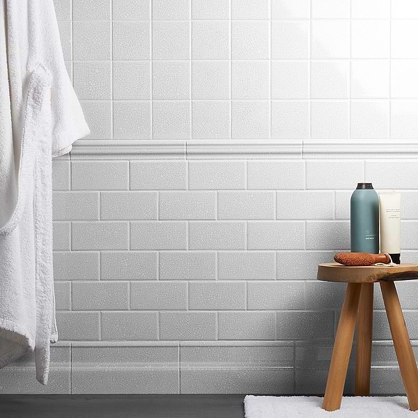 Close Out - Craquelure Vintage White 6x12 Glossy Crackled Ceramic Base Molding; in White w/ Black Crackle Ceramic; for Backsplash, Bathroom Wall, Kitchen Wall, Shower Wall, Wall Tile; in Style Ideas Art Deco, Classic, Contemporary, Farmhouse, Traditional, Transitional