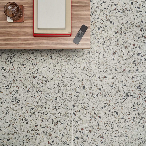 Kado Flakes Ice White 24x24 Terrazzo Look Matte Porcelain Tile