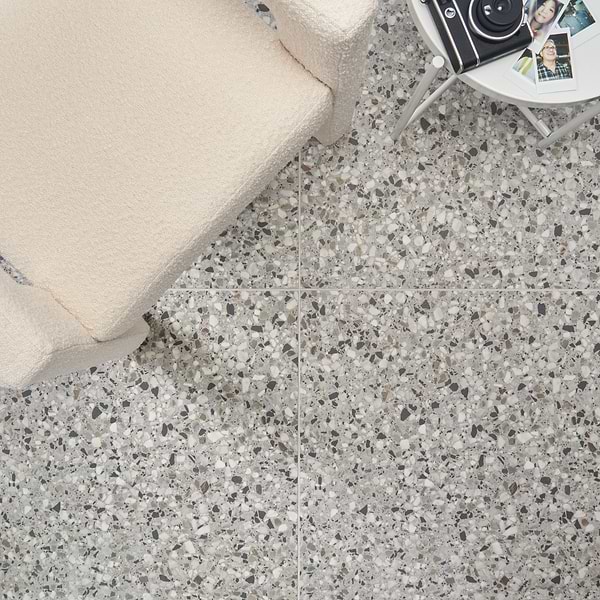 Kado Flakes Smoke Gray 24x24 Terrazzo Look Matte Porcelain Tile