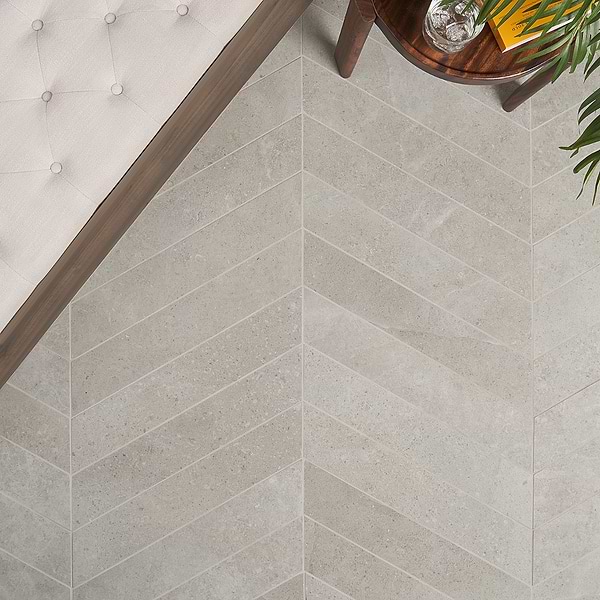 Ages Fumo 4x21 Chevron Matte; in Light Gray Colorbody Porcelain; for Backsplash, Bathroom Floor, Bathroom Wall, Commercial Floor, Floor Tile, Kitchen Floor, Kitchen Wall, Outdoor Floor, Outdoor Wall, Pool Tile, Shower Floor, Shower Wall, Wall Tile; in Style Ideas Beach, Classic, Contemporary, Industrial, Mid Century, Modern, Traditional, Transitional