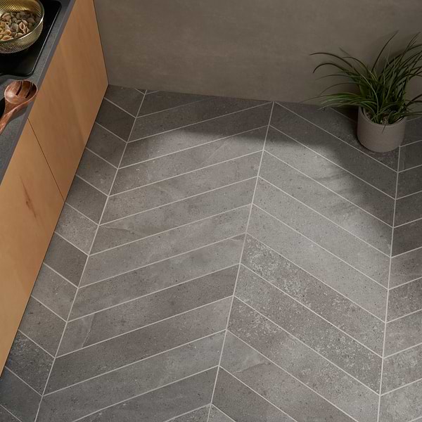 Ages Fossil Dark Gray 4x21 Chevron Limestone Look Matte Porcelain Tile