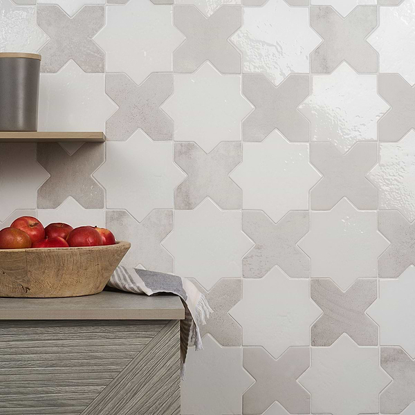 Malta White Polished Star and White Matte Cross 6" Terracotta Look Porcelain Tile