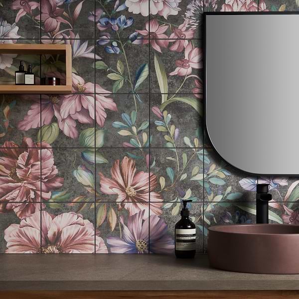 Angela Harris Florista Garden Pink Mural 8x8; in Multicolor Porcelain; for Backsplash, Bathroom Floor, Bathroom Wall, Commercial Floor, Floor Tile, Kitchen Floor, Kitchen Wall, Outdoor Floor, Outdoor Wall, Pool Tile, Shower Floor, Shower Wall, Wall Tile; in Style Ideas Contemporary, Cottage, Farmhouse, Transitional, Tropical, Whimsical