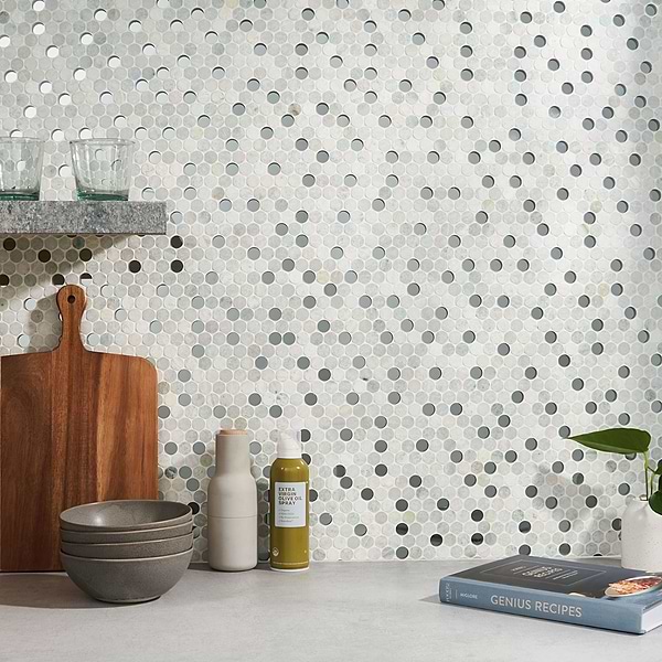 Close Out - Vision Circles Ming Green with Mirror Polished Marble + Glass; in Ming Green + Mirror Marble + Glass; for Backsplash, Bathroom Wall, Kitchen Wall, Shower Wall, Wall Tile; in Style Ideas Contemporary, Mid Century