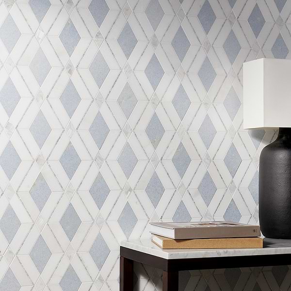 Elaine Azul; in Blue, White Blue Celeste + Thassos + Pearl; for Backsplash, Bathroom Wall, Kitchen Wall, Shower Wall, Wall Tile; in Style Ideas Art Deco, Classic, Mid Century, Transitional