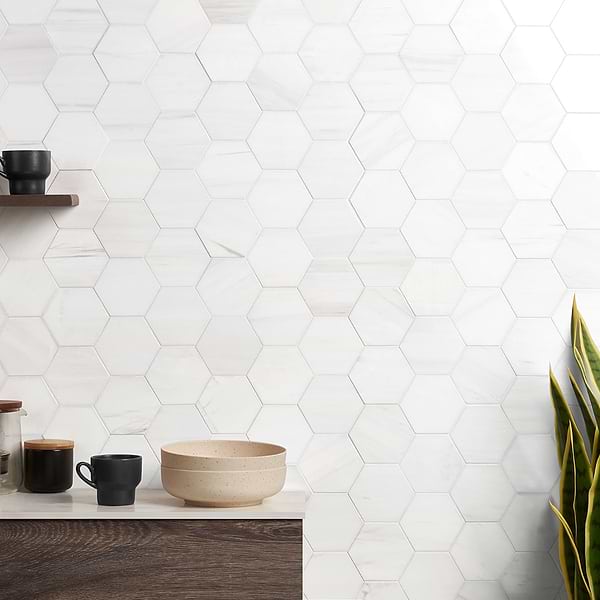 Bianco Dolomite Premium 4" Hexagon Polished; in White Marble; for Backsplash, Bathroom Floor, Bathroom Wall, Commercial Floor, Floor Tile, Kitchen Floor, Kitchen Wall, Outdoor Floor, Outdoor Wall, Shower Floor, Shower Wall, Wall Tile; in Style Ideas Art Deco, Classic, Contemporary, Traditional, Transitional