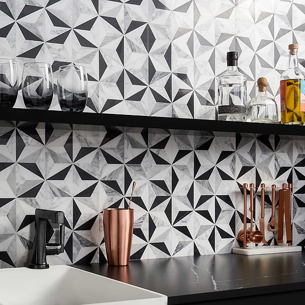 Geotech Tuxedo - Nero, Thassos, Bardigilio & Carrara; in White, Black ,Grey Nero + Thassos + Bardigilio + Carrara; for Backsplash, Bathroom Floor, Bathroom Wall, Commercial Floor, Floor Tile, Kitchen Floor, Kitchen Wall, Outdoor Floor, Outdoor Wall, Shower Floor, Shower Wall, Wall Tile; in Style Ideas Art Deco, Contemporary, Craftsman, Traditional, Transitional, Whimsical