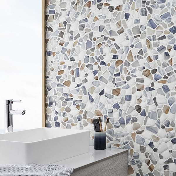 OasisGlass Frosted; in White + Light Blue + Beige + Gray Glass; for Backsplash, Bathroom Floor, Bathroom Wall, Kitchen Floor, Kitchen Wall, Pool Tile, Shower Wall, Wall Tile; in Style Ideas Beach, Contemporary, Cottage, Mediterranean, Traditional, Transitional