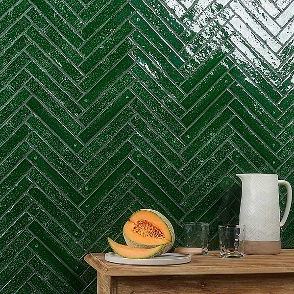 Artist Emerald Green 1.5x9 Crackled Glossy Ceramic Tile; in Green White Body Ceramic; for Backsplash, Bathroom Wall, Kitchen Wall, Shower Wall, Wall Tile; in Style Ideas Beach, Cottage, Craftsman, Mediterranean, Mid Century, Traditional, Transitional