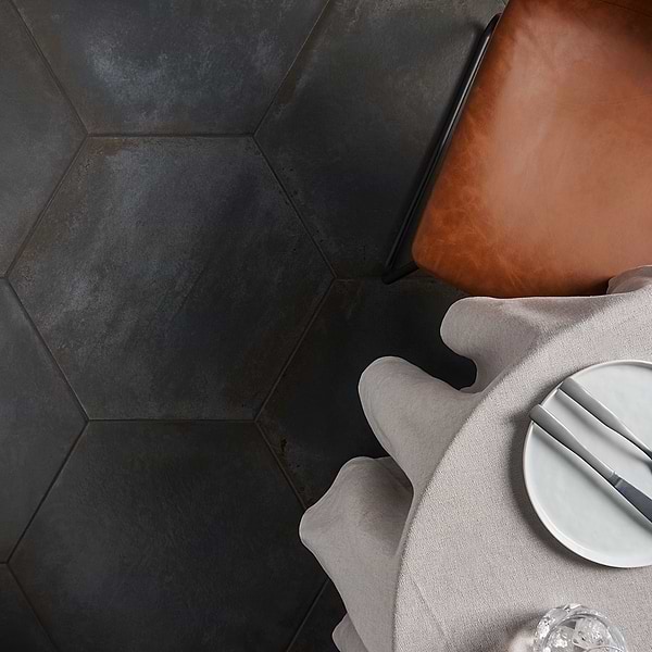 Angela Harris San Francisco Black 20" Hexagon Matte; in Black Porcelain; for Backsplash, Bathroom Floor, Bathroom Wall, Commercial Floor, Floor Tile, Kitchen Floor, Kitchen Wall, Outdoor Floor, Outdoor Wall, Pool Tile, Shower Floor, Shower Wall, Wall Tile; in Style Ideas Classic, Contemporary, Industrial, Mediterranean, Transitional