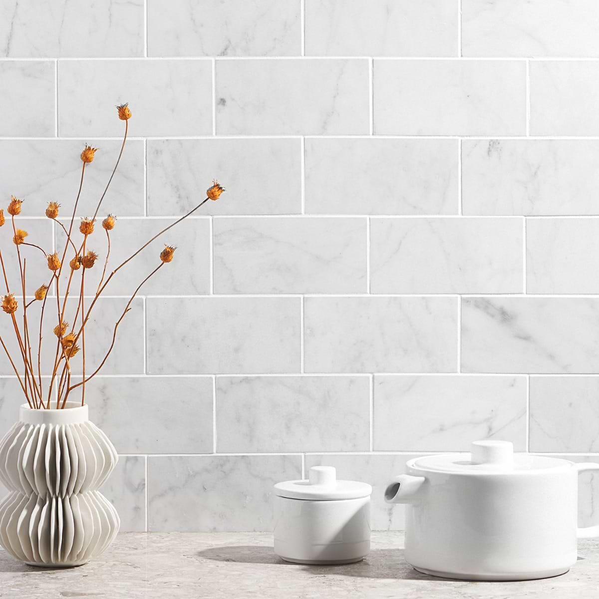 White Carrara 3x6 Polished; in White w/Gray Carrara; for Backsplash, Bathroom Floor, Bathroom Wall, Commercial Floor, Floor Tile, Kitchen Floor, Kitchen Wall, Outdoor Wall, Shower Floor, Shower Wall, Wall Tile; in Style Ideas Contemporary, Industrial, Modern, Traditional, Transitional