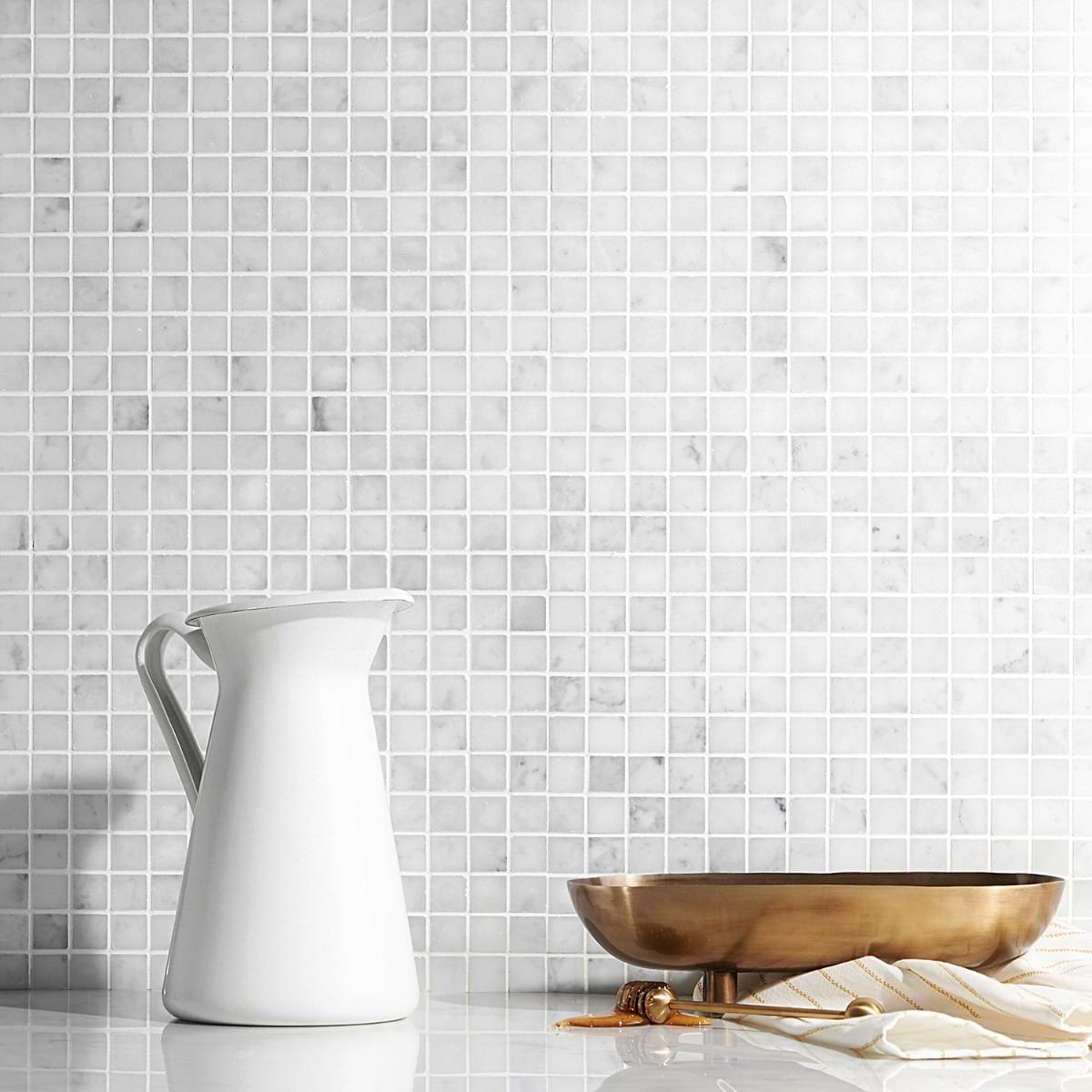 White Carrara 3/4x3/4 Squares; in White Carrara; for Backsplash, Bathroom Floor, Bathroom Wall, Commercial Floor, Floor Tile, Kitchen Floor, Kitchen Wall, Outdoor Wall, Shower Floor, Shower Wall, Wall Tile; in Style Ideas Modern, Traditional, Transitional