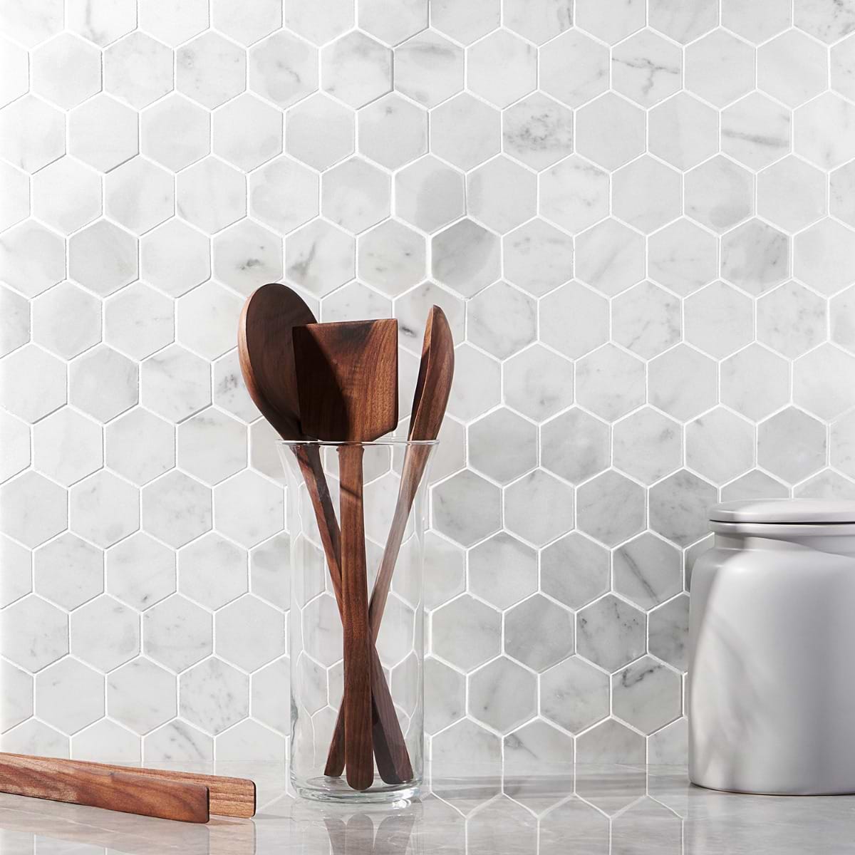 White Carrara 2" Hexagon; in White + Gray Carrara; for Backsplash, Bathroom Floor, Bathroom Wall, Commercial Floor, Floor Tile, Kitchen Floor, Kitchen Wall, Outdoor Wall, Shower Floor, Shower Wall, Wall Tile; in Style Ideas Contemporary, Modern, Traditional, Transitional