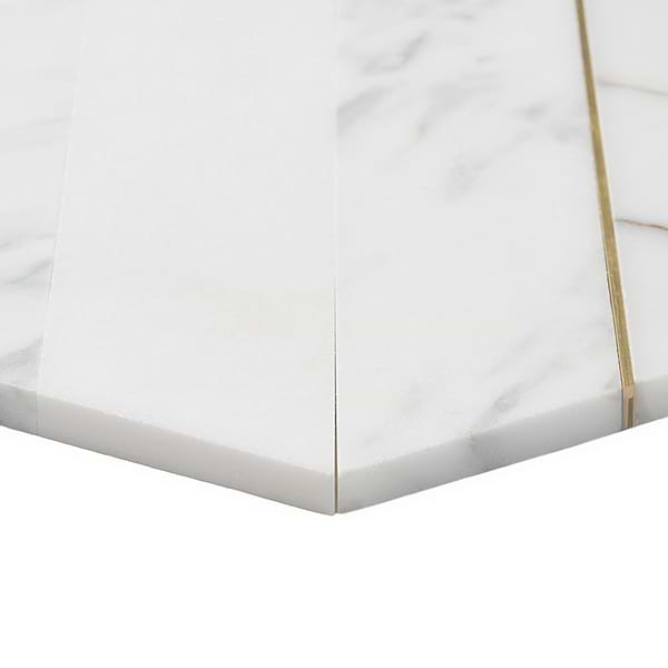 Audrey White and Gold 9" Hexagon Polished Calacatta Marble and Brass Mosaic Tile