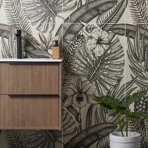 Paula Purroy Musee Gardenia Black and White 24x48 Artisan Decor Porcelain Tile