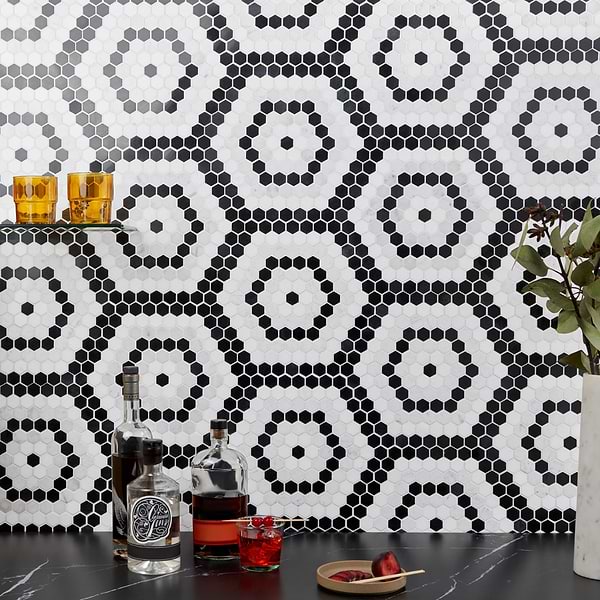 Helios Honeycomb Black & White; in Black, White, Gray Marble; for Backsplash, Bathroom Floor, Bathroom Wall, Commercial Floor, Floor Tile, Kitchen Floor, Kitchen Wall, Outdoor Floor, Outdoor Wall, Shower Floor, Shower Wall, Wall Tile; in Style Ideas Contemporary, Modern, Whimsical