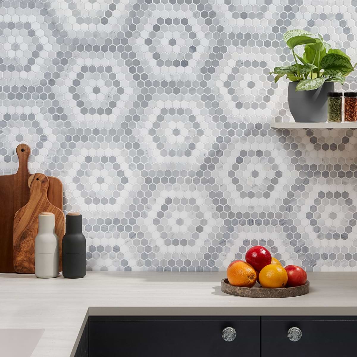 Helios Honeycomb Gray & White; in Gray, White Marble; for Backsplash, Bathroom Floor, Bathroom Wall, Commercial Floor, Floor Tile, Kitchen Floor, Kitchen Wall, Outdoor Floor, Outdoor Wall, Shower Floor, Shower Wall, Wall Tile; in Style Ideas Contemporary, Modern, Whimsical