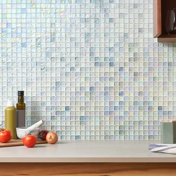 Riverton Glacier 1x1; in White Glass; for Backsplash, Bathroom Wall, Kitchen Wall, Outdoor Wall, Pool Tile, Shower Wall, Wall Tile; in Style Ideas Beach, Contemporary, Industrial, Mediterranean, Transitional, Tropical, Whimsical
