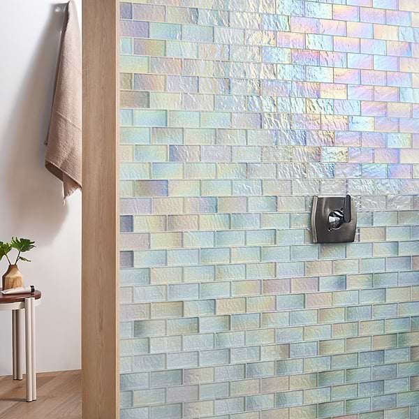 Riverton Glacier 2x4; in White Glass; for Backsplash, Bathroom Wall, Kitchen Wall, Outdoor Wall, Pool Tile, Shower Wall, Wall Tile; in Style Ideas Beach, Contemporary, Industrial, Mediterranean, Transitional, Tropical, Whimsical