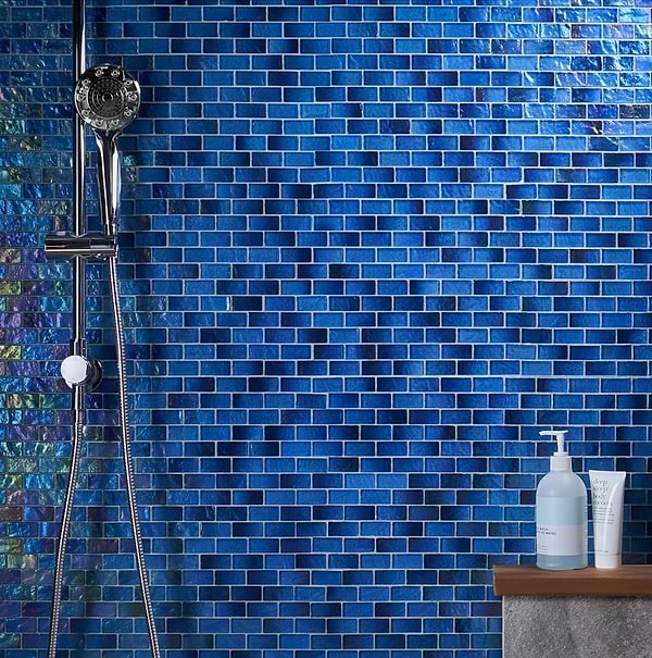 Riverton Lagoon 1x2; in Blue Glass; for Backsplash, Bathroom Wall, Kitchen Wall, Outdoor Wall, Pool Tile, Shower Wall, Wall Tile; in Style Ideas Beach, Contemporary, Industrial, Mediterranean, Transitional, Tropical, Whimsical