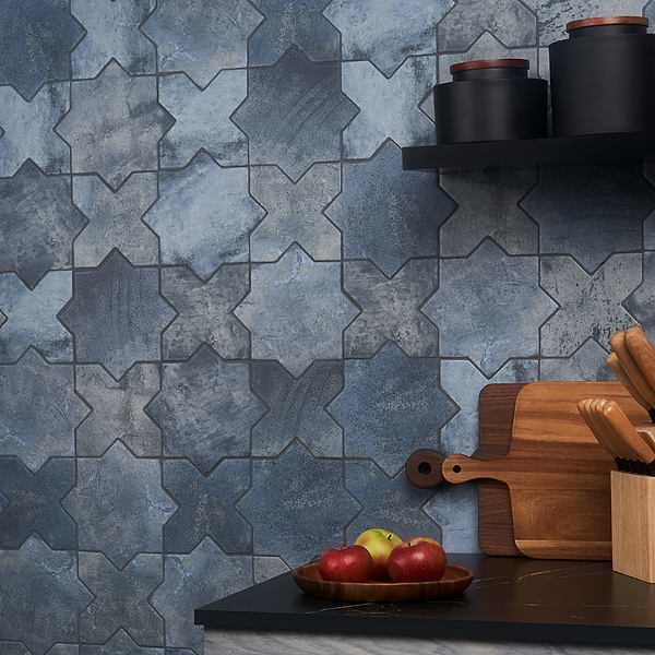 Malta Denim Blue Matte Star and Denim Blue Matte Cross 6" Terracotta Look Porcelain Tile
