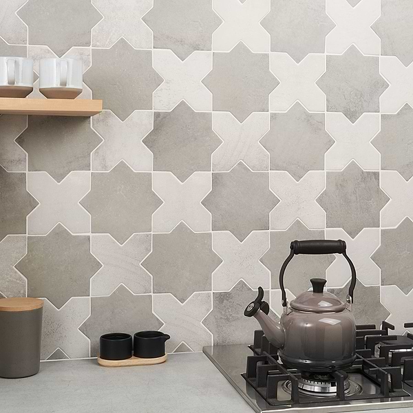Malta Dove Gray Matte Star and White Matte Cross 6" Terracotta Look Porcelain Tile
