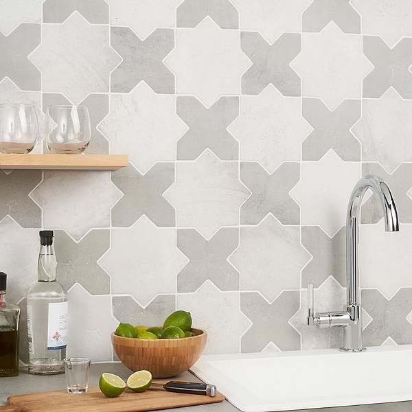 Malta White Matte Star and Dove Gray Matte Cross 6" Terracotta Look Porcelain Tile