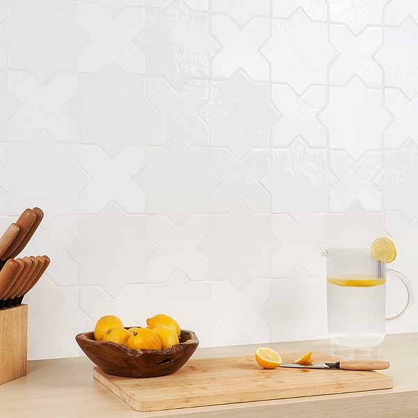 Malta White Polished Star and White Polished Cross 6"; in White Porcelain; for Backsplash, Bathroom Floor, Bathroom Wall, Commercial Floor, Floor Tile, Kitchen Floor, Kitchen Wall, Outdoor Floor, Outdoor Wall, Pool Tile, Shower Floor, Shower Wall, Wall Tile; in Style Ideas Craftsman, Mediterranean, Mid Century, Traditional
