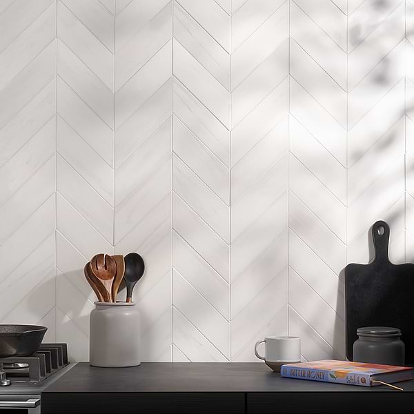 Bianco Dolomite Premium 3x12 Chevron Honed; in White Marble; for Backsplash, Bathroom Floor, Bathroom Wall, Commercial Floor, Floor Tile, Kitchen Floor, Kitchen Wall, Outdoor Floor, Outdoor Wall, Shower Floor, Shower Wall, Wall Tile; in Style Ideas Art Deco, Classic, Contemporary, Traditional, Transitional