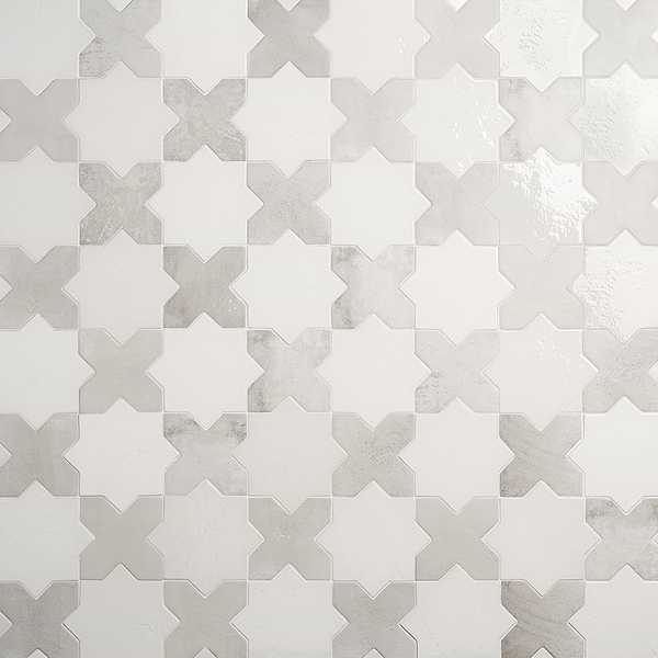 Malta White Polished Star and White Matte Cross 6" Terracotta Look Porcelain Tile