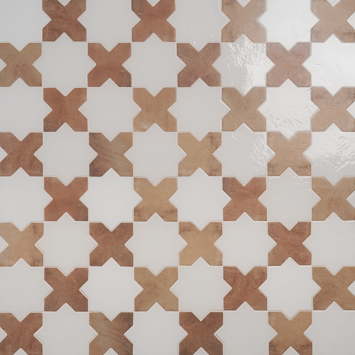 Malta White Polished Star and Cotto Brown Matte Cross 6" Terracotta Porcelain Tile