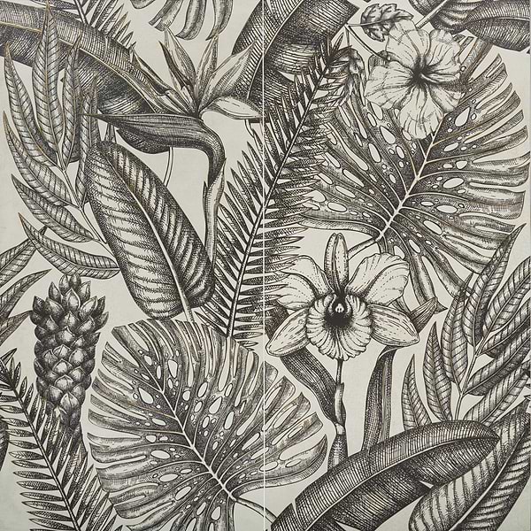 Paula Purroy Musee Gardenia Black and White 24x48 Artisan Decor Porcelain Tile
