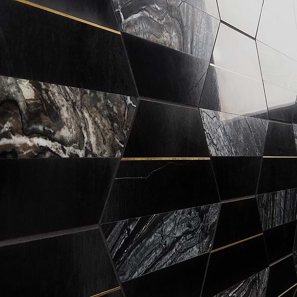 Audrey Black and Gold 9" Hexagon Polished Nero Marquina Marble and Brass Mosaic Tile
