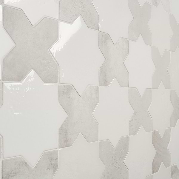 Malta White Polished Star and White Matte Cross 6" Terracotta Look Porcelain Tile