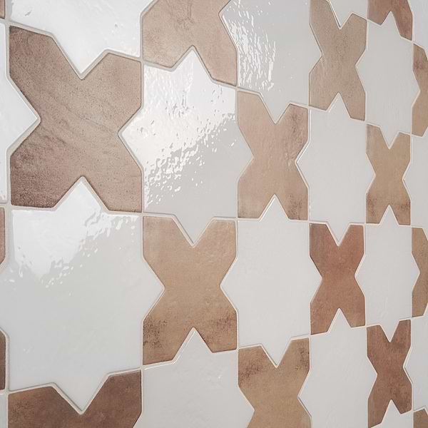 Malta White Polished Star and Cotto Brown Matte Cross 6" Terracotta Porcelain Tile