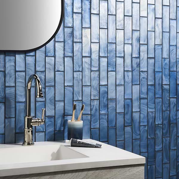 Kalifa Iridescent Sky Blue 2x6 Polished Glass Mosaic Tile