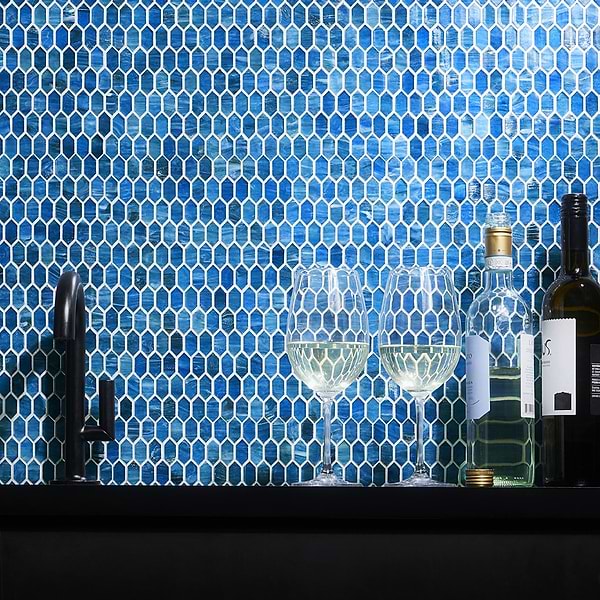 Moonlit Marine; in Blue Glass; for Backsplash, Bathroom Floor, Bathroom Wall, Floor Tile, Kitchen Floor, Kitchen Wall, Outdoor Wall, Pool Tile, Shower Floor, Shower Wall, Wall Tile; in Style Ideas Art Deco, Beach, Craftsman, Transitional, Whimsical