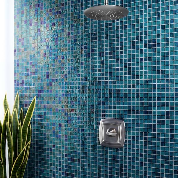 Riverton Tropical 1x1; in Blue Glass; for Backsplash, Bathroom Wall, Kitchen Wall, Outdoor Wall, Pool Tile, Shower Wall, Wall Tile; in Style Ideas Beach, Contemporary, Industrial, Mediterranean, Transitional, Tropical, Whimsical