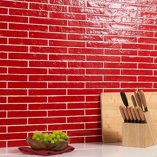 Artist Crimson Red 1.5x9 Glossy Ceramic Tile; in Red White Body Ceramic; for Backsplash, Bathroom Wall, Kitchen Wall, Shower Wall, Wall Tile; in Style Ideas Beach, Cottage, Craftsman, Mediterranean, Mid Century, Traditional, Transitional