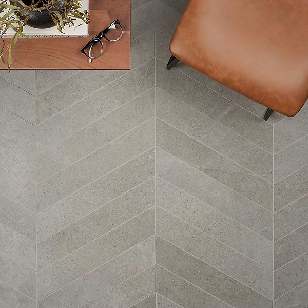 Ages Fumo Light Gray 4x21 Chevron Limestone Look Matte Porcelain Tile