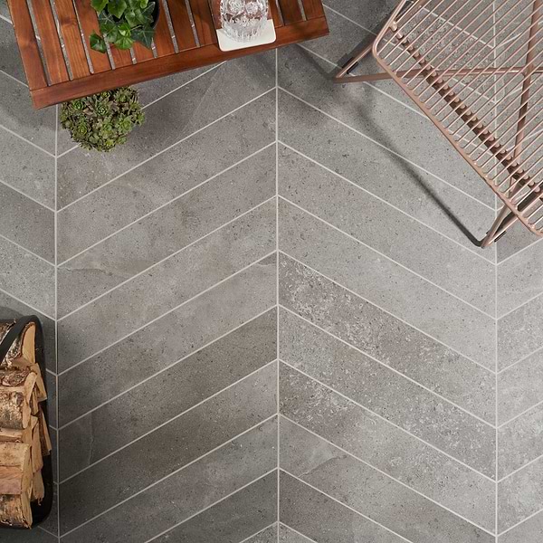 Ages Fossil 4x21 Chevron Matte; in Dark Gray Colorbody Porcelain; for Backsplash, Bathroom Floor, Bathroom Wall, Commercial Floor, Floor Tile, Kitchen Floor, Kitchen Wall, Outdoor Floor, Outdoor Wall, Pool Tile, Shower Floor, Shower Wall, Wall Tile; in Style Ideas Beach, Classic, Contemporary, Industrial, Mid Century, Modern, Traditional, Transitional