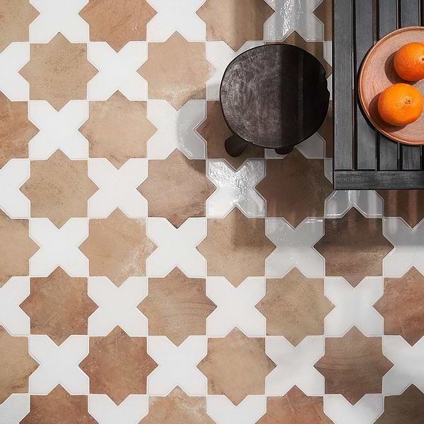 Malta Cotto Brown Matte Star and White Polished Cross 6"; in Terracotta Brown | White Porcelain; for Backsplash, Bathroom Floor, Bathroom Wall, Commercial Floor, Floor Tile, Kitchen Floor, Kitchen Wall, Outdoor Floor, Outdoor Wall, Pool Tile, Shower Floor, Shower Wall, Wall Tile; in Style Ideas Craftsman, Mediterranean, Mid Century, Traditional