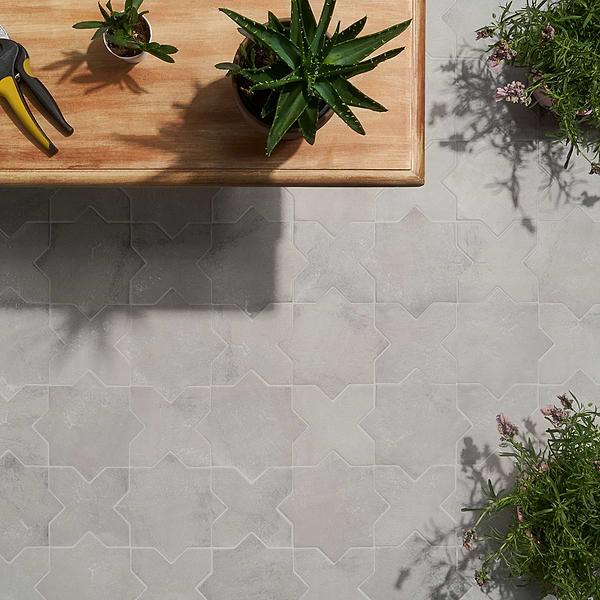 Malta Dove Gray Matte Star and Dove Gray Matte Cross 6"; in Gray Porcelain; for Backsplash, Bathroom Floor, Bathroom Wall, Commercial Floor, Floor Tile, Kitchen Floor, Kitchen Wall, Outdoor Floor, Outdoor Wall, Pool Tile, Shower Floor, Shower Wall, Wall Tile; in Style Ideas Craftsman, Mediterranean, Mid Century, Traditional