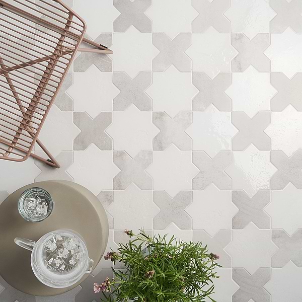 Malta White Polished Star and White Matte Cross 6"; in White Porcelain; for Backsplash, Bathroom Floor, Bathroom Wall, Commercial Floor, Floor Tile, Kitchen Floor, Kitchen Wall, Outdoor Floor, Outdoor Wall, Pool Tile, Shower Floor, Shower Wall, Wall Tile; in Style Ideas Craftsman, Mediterranean, Mid Century, Traditional