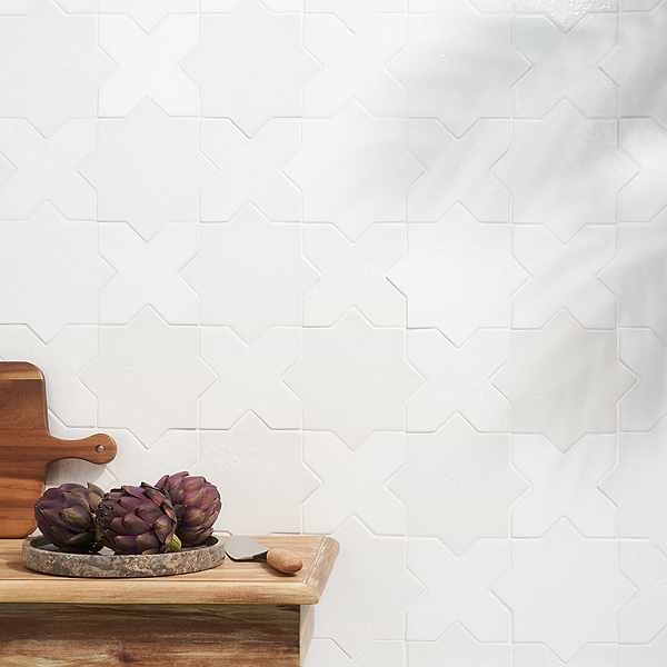 Malta White Polished Star and White Polished Cross 6" Terracotta Look Porcelain Tile