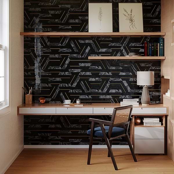 Audrey Black and Gold 9" Hexagon Polished Nero Marquina Marble and Brass Mosaic Tile