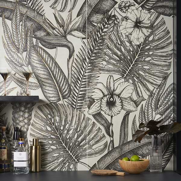 Paula Purroy Musee Gardenia Black and White 24x48 Artisan Decor Porcelain Tile