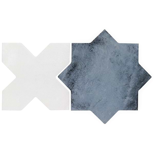 Malta Denim Blue Matte Star and White Polished Cross 6" Terracotta Look Porcelain Tile