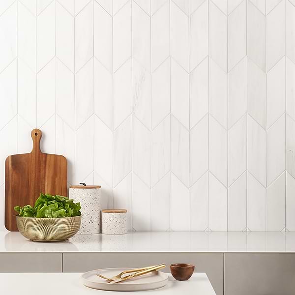Bianco Dolomite White 3x12 Chevron Premium Honed Marble Tile